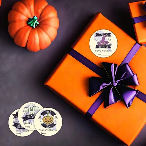 Vista 4 de 40 etiquetas redondas de Feliz Halloween, calcomanías redondas de truco o trato de 2 pulgadas para envoltura de Halloween, 4 estilos de calavera