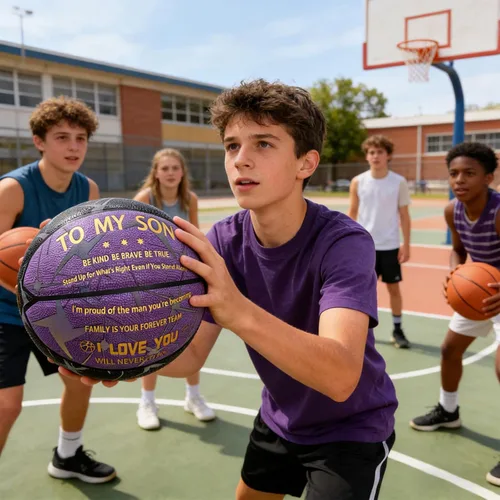 Vista 4 de Baloncesto grabado para hijo nieto que brilla en la oscuridad y holográfico, reflectante de 29.5 pulgadas con bomba de aire, regalo personalizado