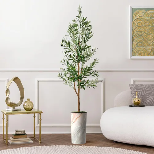 Vista 16 de Árbol artificial en macetero con efecto de granito moderno, ave del paraíso artificial de seda para decoración del hogar en interiores y exteriores