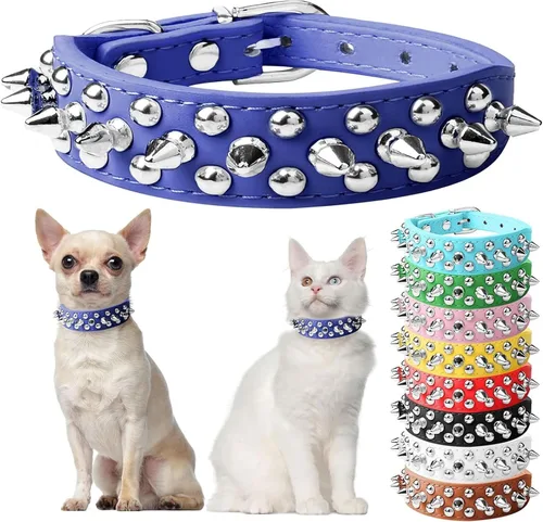 Vista 10 de Collar de perro y gato negro con púas pequeñas para perros pequeños y medianos machos – Collar ajustable con tachuelas – Collar de cuero punk