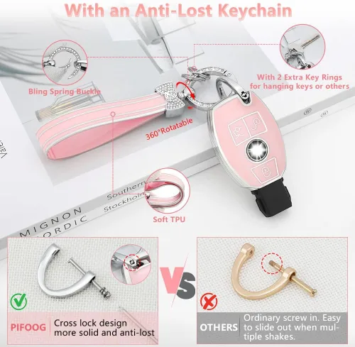 Vista 3 de PIFOOG Funda para llavero Mercedes, 3 botones, color rosa, TPU brillante, accesorios para llaves de automóvil, funda protectora para Mercedes Benz