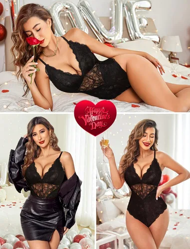 Vista 2 de Avidlove - Lencería para mujer, body con cierre a presión en la entrepierna, con encaje sexy en contraste, babydoll, una pieza, lencería tipo Teddy