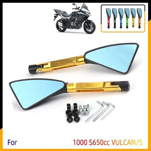 Vista 2 de Espejo retrovisor triangular para motocicleta, espejo retrovisor lateral de aluminio CNC, lente antirreflejos, con logotipo para Kawasaki para Negro