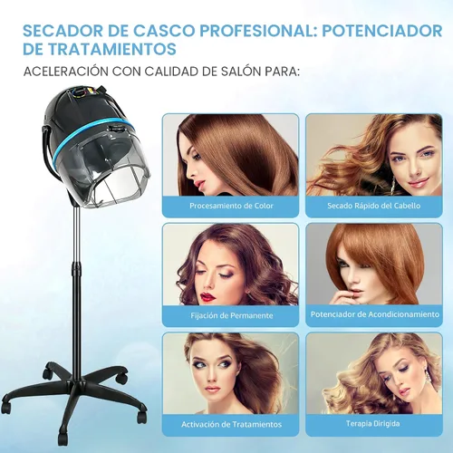 Vista 3 de Secador de pelo profesional de 1300W ajustable con capucha, de pie, base giratoria, con ruedas, para salón. Negro