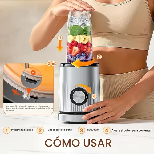 Vista 4 de Turelar Licuadora para licuados de frutas portátil para batidos y batidos para cocina con 2 vasos portátiles de 24 onzas y tapa extra, máquina