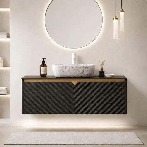 Vista 31 de Vanidad de baño flotante de 24 pulgadas con fregadero, gabinete estriado Fregadero de cerámica negro + negro