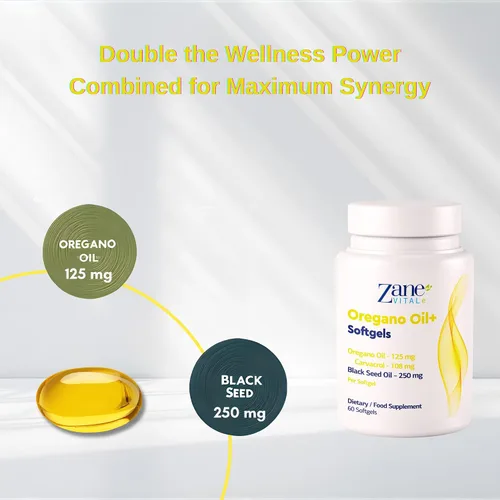 Vista 4 de Zane Vital, aceite de orégano y aceite de semilla negra, con carvacrol y timoquinona, suplemento dietético para el bienestar inmunológico