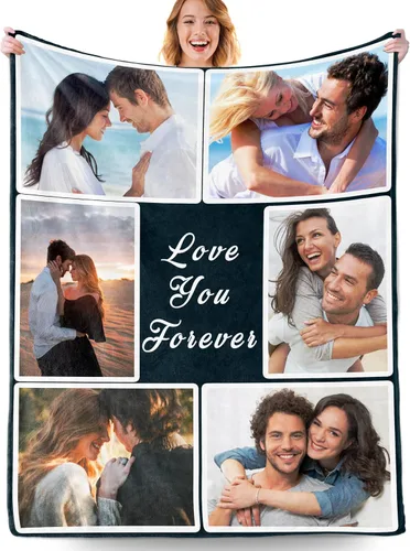Vista 27 de Manta personalizada con fotos, manta personalizada con fotos con texto en inglés "I Love You", regalo de cumpleaños para novia, novio, esposa