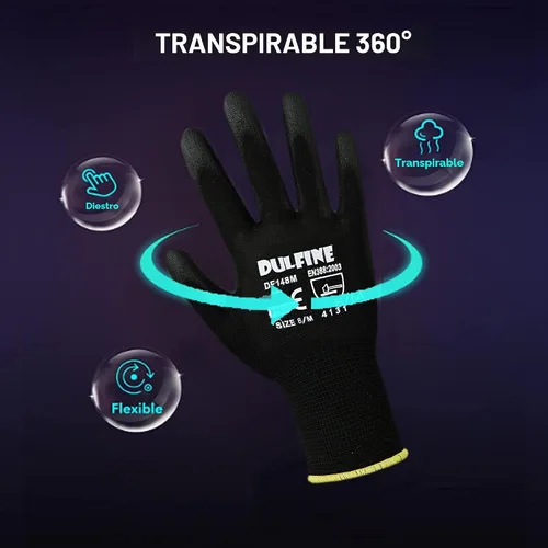 Vista 3 de DULFINE - Guantes de trabajo de seguridad para hombre, 12 pares, ultrafinos con revestimiento de poliuretano, color negro, talla XS