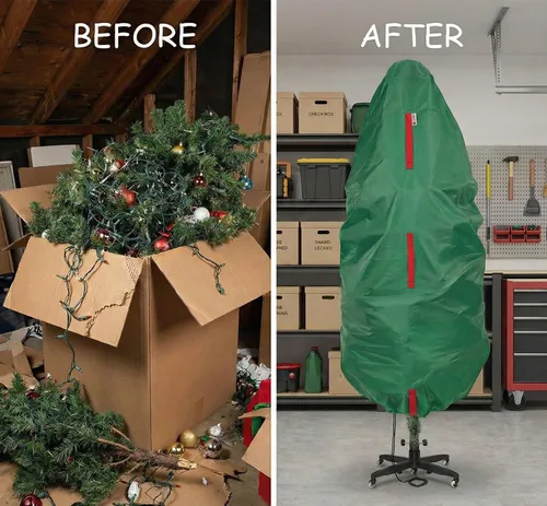 Vista 7 de Bolsa de almacenamiento vertical para árbol de Navidad - Se adapta a árboles artificiales de 7 pies y árboles topiarios de Navidad, cubierta Verde