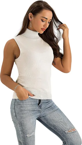 Vista 5 de Spicy Sandia Suéter ajustado sin mangas de punto de cuello alto elástico para mujer