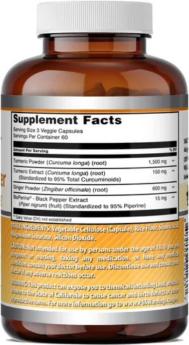 Vista 5 de Amazing Formulas Curcumina de cúrcuma y jengibre con suplemento BioPerine 1500 mg por porción 180 cápsulas vegetales Sin OMG Sin gluten