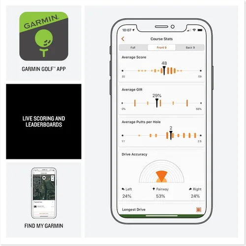 Vista 5 de Garmin Approach® S44, reloj inteligente GPS esencial para golf, pantalla AMOLED, funciones en el campo, bisel de aluminio plateado con banda de Negro