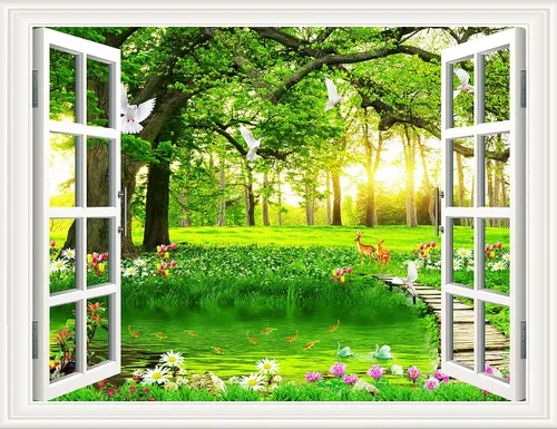 Vista 12 de Pintura autoadhesiva 3D, calcomanías de pared falsas para ventana, isla tropical con palmeras, mural de pared, vista de ventana, decoración de pared