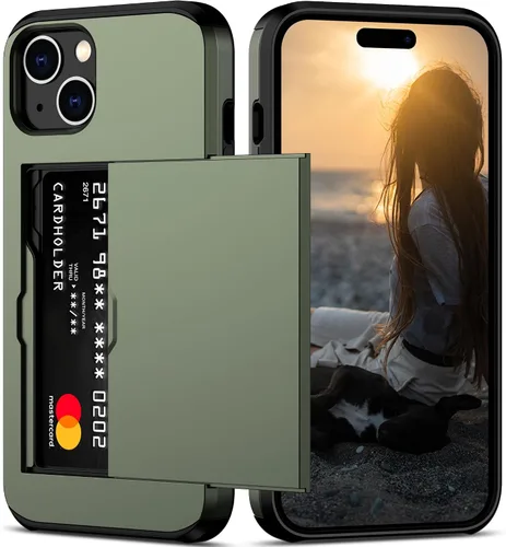 Vista 23 de Nvollnoe Compatible con iPhone 15 Funda con ranura para tarjetas, resistente, protectora de doble capa, a prueba de golpes, ranura oculta