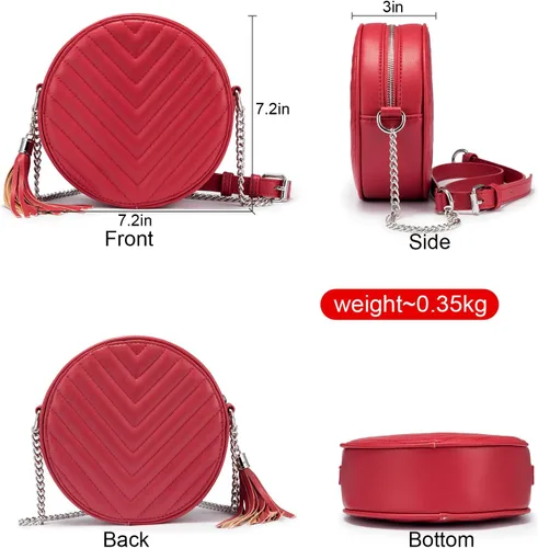 Vista 5 de Realer Bolso bandolera redondo con borla circular para mujer, cartera pequeña de noche con cadena