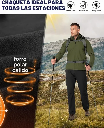 Vista 4 de 33,000ft Chaqueta de softshell con capucha para hombre, impermeable, ligera, aislada, cortavientos, forro de forro polar, chaqueta de lluvia Verde