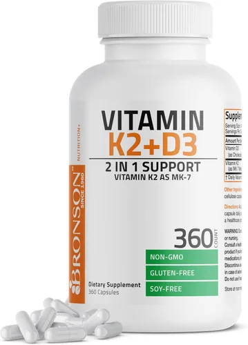 Vista 9 de Bronson Suplemento de Vitamina K2 D3 (MK7) Fórmula No-GMO Vitamina D3 5000IU (125 mcg) y 90 mcg K2 MK-7, Complejo D y K Fácil de Tragar, 60 Cápsulas