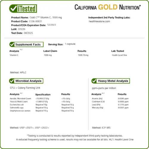 Vista 4 de California Gold Nutrition C, vitamina C, cápsulas vegetales de 1000 mg, 60