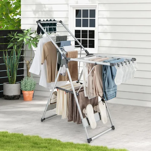 Vista 3 de Tangkula Estante de secado de ropa plegable, estante de secado de aluminio de 2 capas que ahorra espacio con alas ajustables, estante de secado