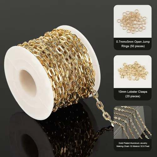 Vista 2 de 10 metros collar con colgante de papel plateado en oro, cadena de eslabones de aluminio para hacer joyas, rollo de cadena con anillas abiertas
