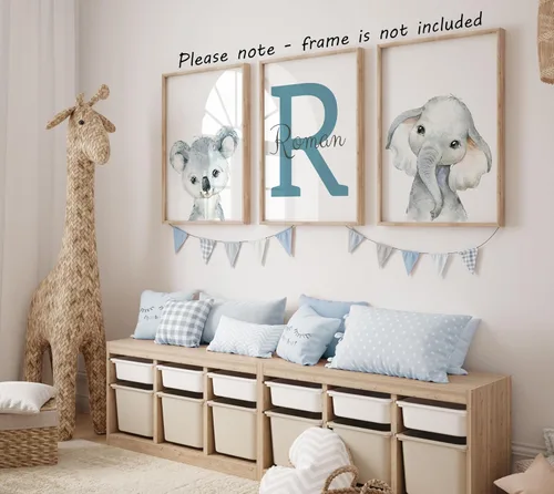 Vista 9 de Juego de 3 carteles personalizados de animales de safari para habitación de niños y niñas, sin marco, nombre personalizado, azul, verde, amarillo