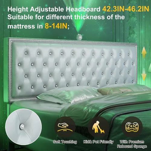 Vista 4 de Base de cama de plataforma tapizada tamaño Queen con cabecera LED, proyector de estrellas integrado y cabecera ajustable, no necesita somier, fácil