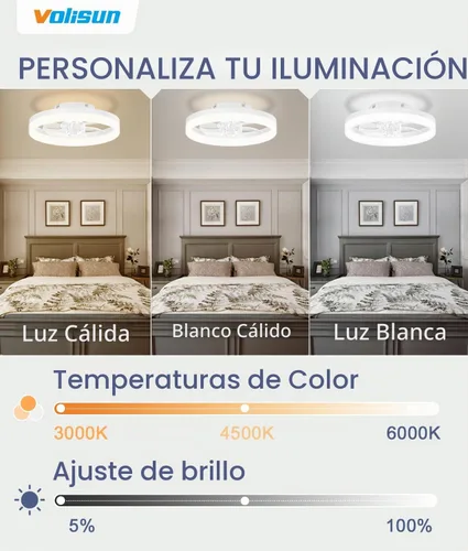 Vista 2 de VOLISUN Ventiladores de techo pequeños de 13 pulgadas con luces y control remoto, ventiladores de techo de perfil bajo con luz, luz de techo LED