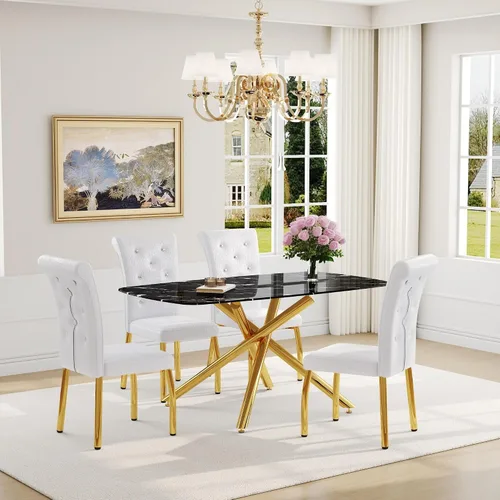 Vista 52 de Juego de mesa de comedor moderna para mesa de comedor negra de 4,63 pulgadas, juego de 4 con patas de metal dorado, mesa de cocina rectangular