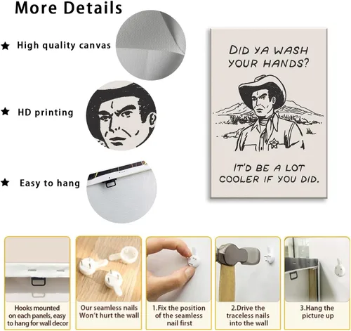 Vista 8 de Cuadros enmarcados de vaquero retro en blanco y negro para la pared de la cocina ¿Lavaste tus manos? Impresiones en lienzo, imágenes divertidas