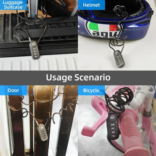 Vista 8 de Candado de combinación de 4 dígitos con cable de 47 pulgadas (47.2 in) adecuado para casilleros de gimnasio escolar, botes de basura, equipaje