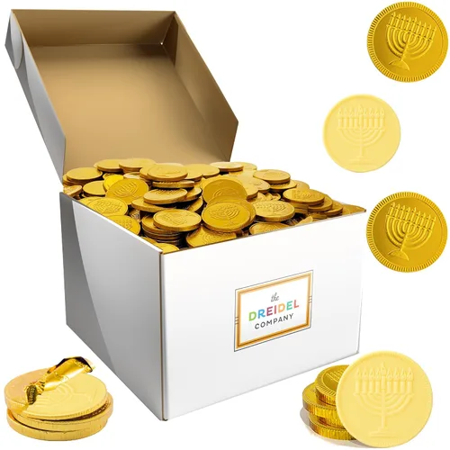 Vista 3 de The Dreidel Company Monedas de chocolate con leche blanca, paquete de 200 monedas de papel de aluminio dorado con diseño de Hanukkah Gelt, Menorá