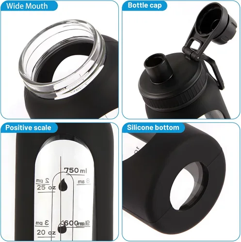 Vista 4 de Botella agitadora de vidrio de 34 oz/1 L, botella mezcladora de proteínas de vidrio negro con bola agitadora, botellas grandes para mezclas