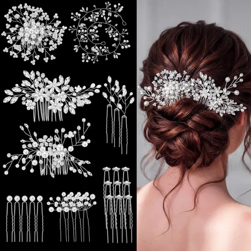 Vista 6 de Maitys - 44 piezas de accesorios para el cabello de novia, estilo clásico Wedding Hair Clips for Prom, Silver Rhinestone U Pins, Faux Pearl Combs