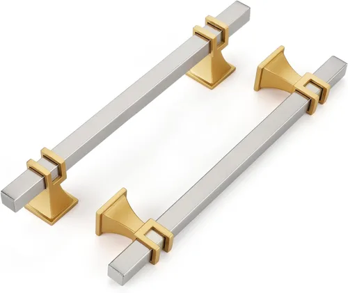 Vista 24 de Haliwu Paquete de 5 tiradores de gabinete con barra en T negra y dorada de 3 pulgadas, tiradores de puerta para armarios de cocina, manijas de zinc
