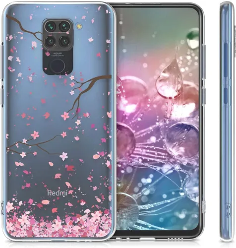 Vista 5 de kwmobile Funda transparente compatible con Xiaomi Redmi Note 9 - Funda para teléfono Funda de TPU suave - Flores de cerezo rosa/marrón