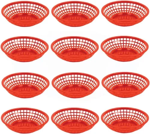 Vista 6 de TrueCraftware - Cestas redondas de comida rápida de 8 x 2 pulgadas, juego de 12 bandejas para servir alimentos, cestas clásicas para sándwiches
