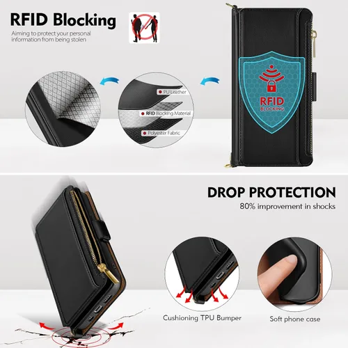 Vista 7 de Antsturdy Compatible con iPhone 15 Pro Max Funda Cartera para Mujeres【Bloqueo RFID】Funda de Teléfono Cruzada de Cuero PU con Cremallera y Correa
