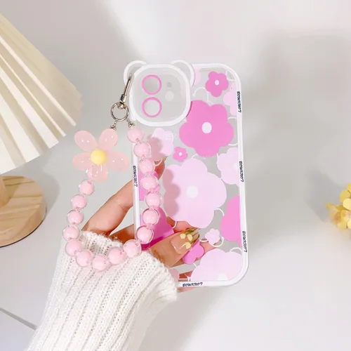 Vista 6 de NITITOP Funda compatible con iPhone 11, lente de cámara transparente con diseño de oso floral y cadena de pulsera de flores para mujeres y niñas