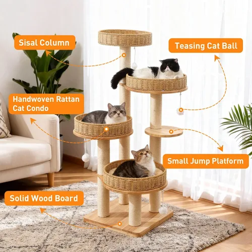 Vista 3 de Árbol moderno para gatos de interior para adultos, torre grande para gatos de 54 pulgadas de alto con poste rascador, árbol de madera para gatos