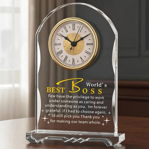 Vista 15 de Reloj de Cristal Significativo para Jubilación, Regalos para Mujeres y Hombres, Mejor Jefe de Todos, Feliz Reloj de Jubilación Placa de Regalo