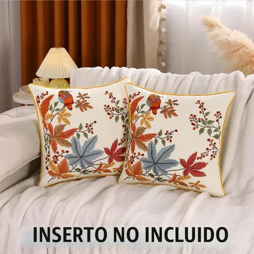 Vista 3 de Fundas de almohada bordadas de otoño de 16 x 16 pulgadas, paquete de Pájaro con hojas de arce