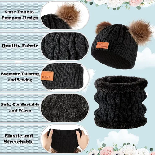 Vista 3 de 6 piezas de gorro de lana para bebé, gorro de lana torcido de invierno, doble pompón, guantes de punto, bufanda de bucle circular, 6 piezas
