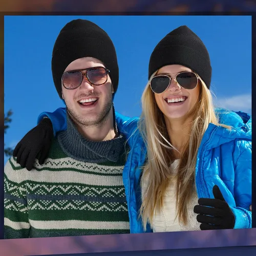Vista 5 de Juego de 12 gorros y guantes de invierno para hombres y mujeres, gorro de punto cálido, 6 pares, guantes de invierno unisex, 6 sombreros cálidos