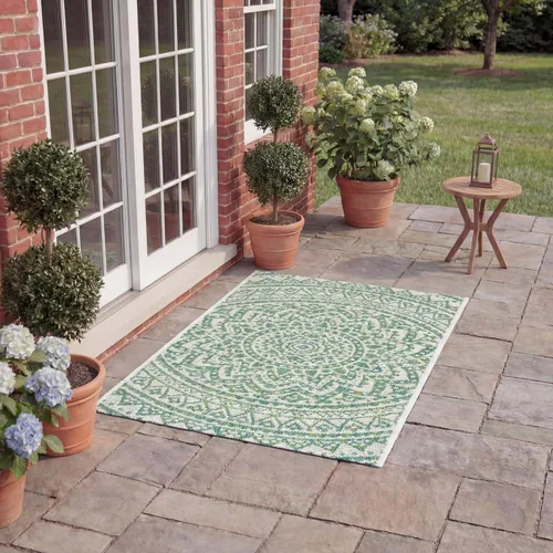 Vista 2 de SAFAVIEH Alfombra lavable al aire libre Courtyard Collection - 2'3" x 5', marfil y verde, no desprende pelusa y fácil limpieza, ideal para patio