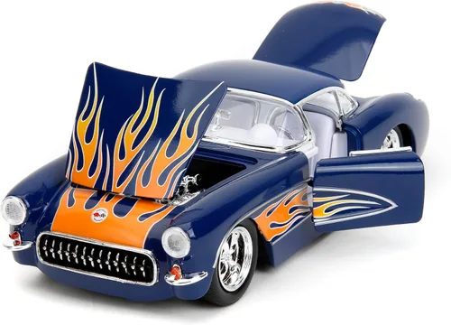 Vista 5 de Jada Big Time Muscle 1:24 1957 Chevrolet Corvette - Auto fundido a presión, juguetes para niños y adultos (azul oscuro/llamas)