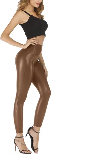 Vista 3 de Leggings de piel sintética para mujer, talla grande, cintura alta, elásticos, de piel sintética, pantalones ajustados para yoga