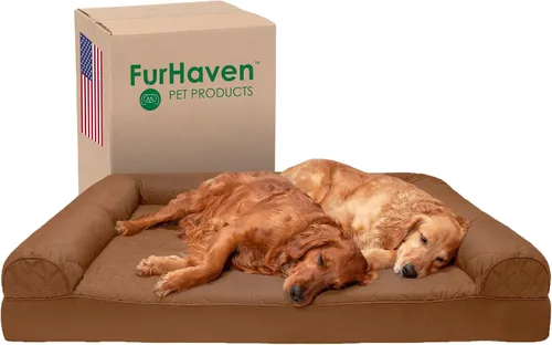 Vista 28 de Furhaven - Cama ortopédica para perros, estilo sofá, acolchada, con funda extraíble y lavable, marrón tostado, tamaño jumbo (XL)