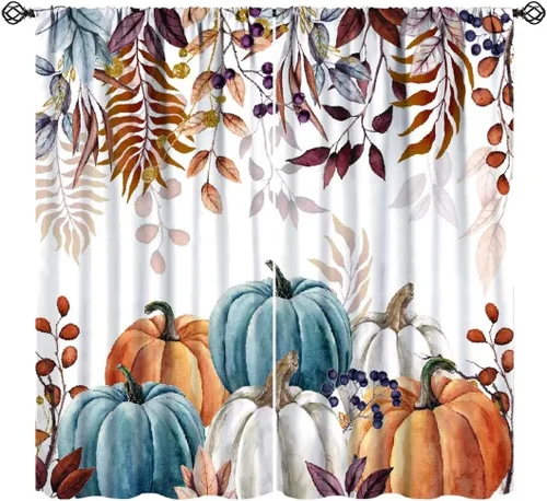 Vista 15 de Cortinas de calabaza de animales, lindos dibujos animados de animales del bosque, hojas de otoño y hongos, estampado de hojas y hongos, tratamientos