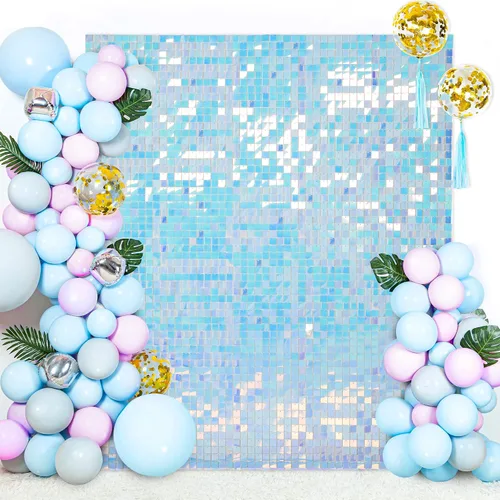 Vista 14 de 12 paneles cuadrados de lentejuelas brillantes para pared color azul claro (Baby Blue) telón de fondo decorativo para fiestas de bodas